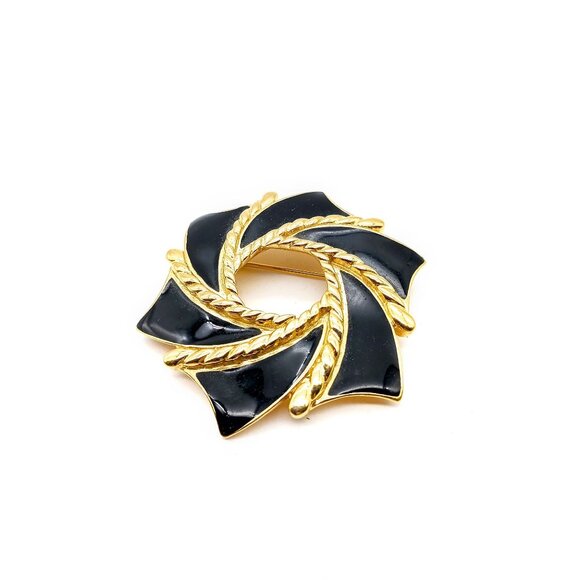 Trifari Black Enamel Pinwheel Brooch, Vintage Gold Tone Lapel Pin - Picture 2 of 3